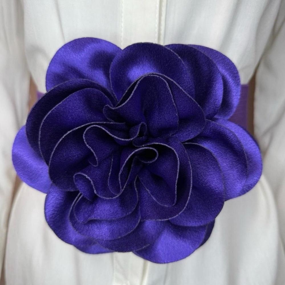 Purple statement satin flower wide elastic waistband belt